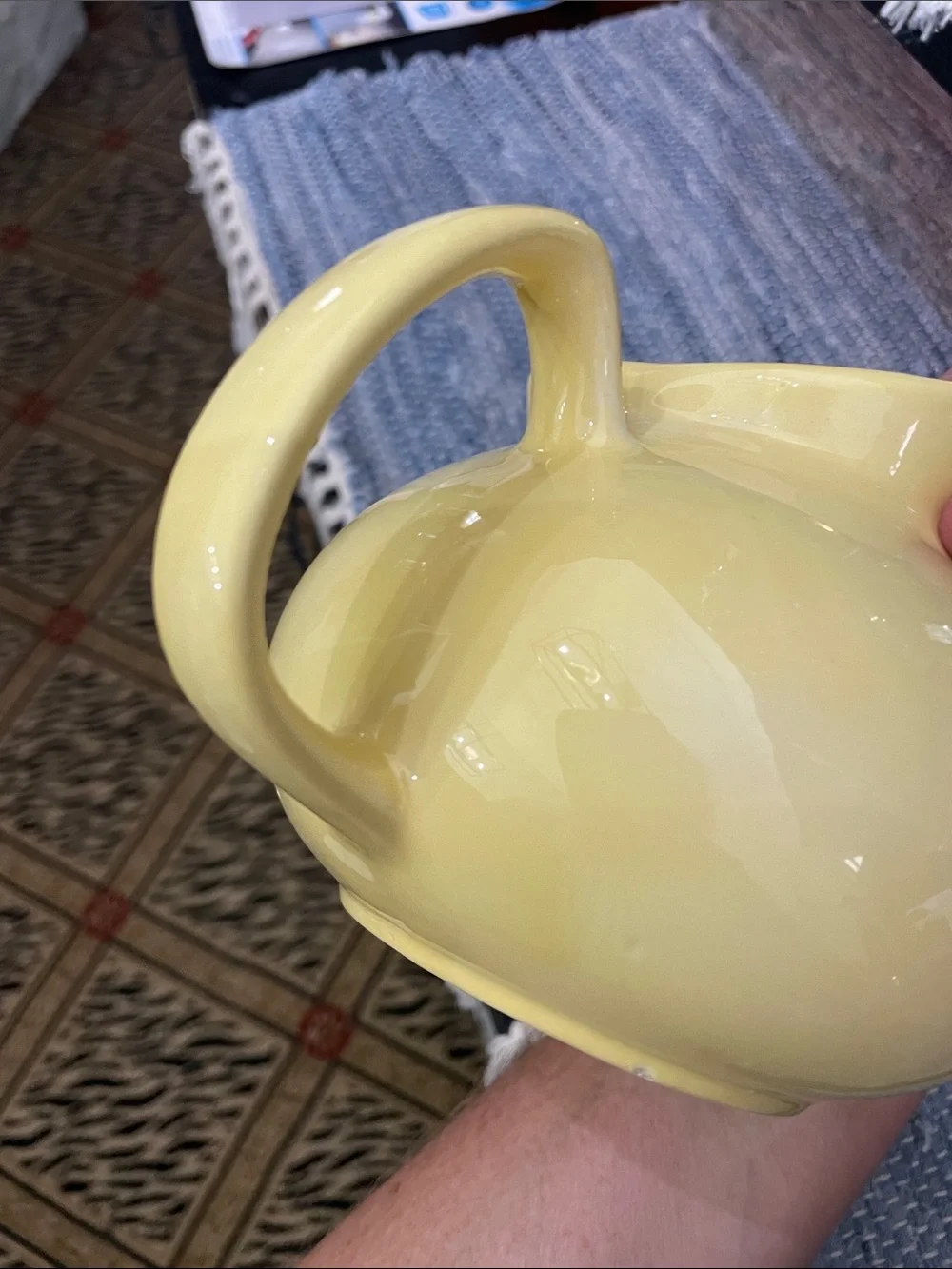 Yellow Ceramic Pitcher. Glossy, Round 5x5. No cracks. One tiny chip on bottom